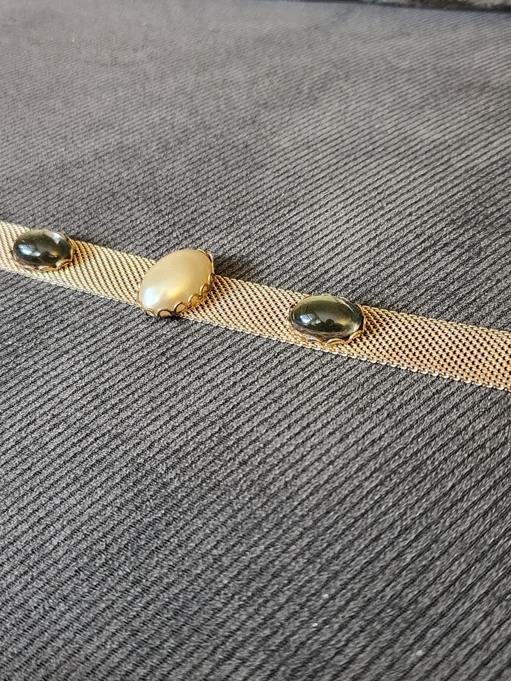 Vintage Gold Mesh Bracelet with Pearl and Olive Green Cabochons